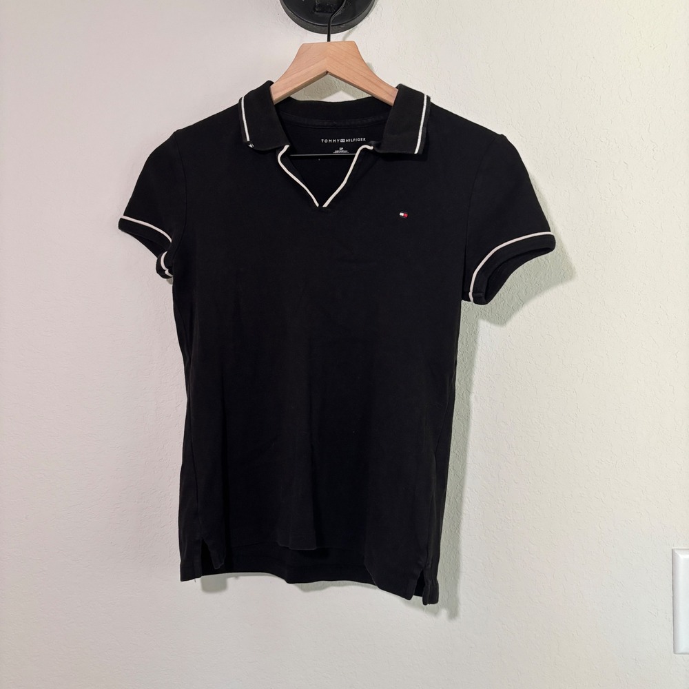 Tommy Hilfiger Polo V-Neck Shirt S 100% Cotton Black Preppy Old Money Aesthetic